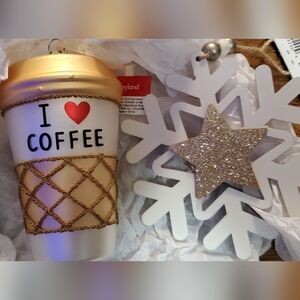Belk Gold and White Coffee Cup and Snowflake Ornaments